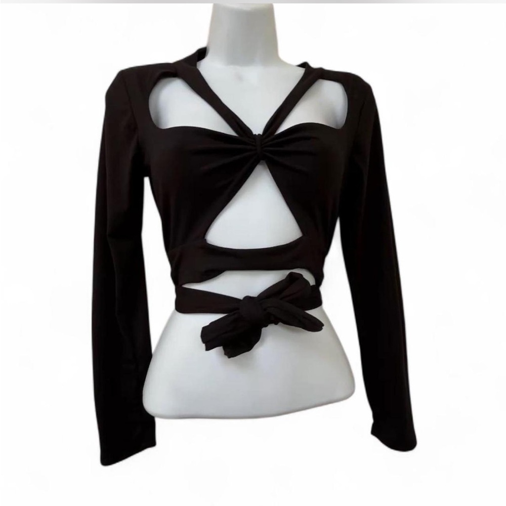 Goth Biker Black Cut-Out Long Sleeve Top, Baddie Top, Goth Glam Top, Grunge Top